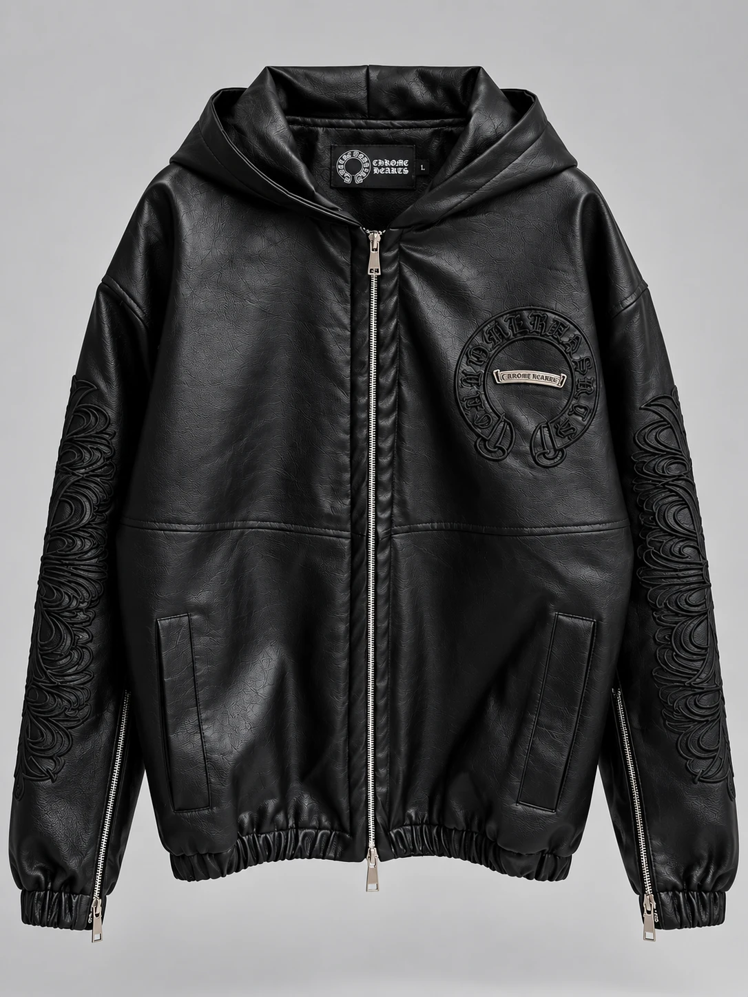 Black Gothic Embossed Leather Hoodie_result Chrome Hearts Black Leather Jacket - Image 1